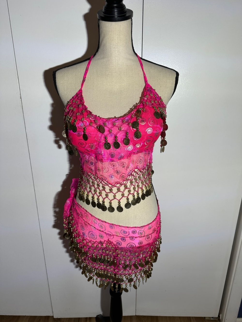 Hot Pink Belly Dance Coin Halter Top & Skirt Set